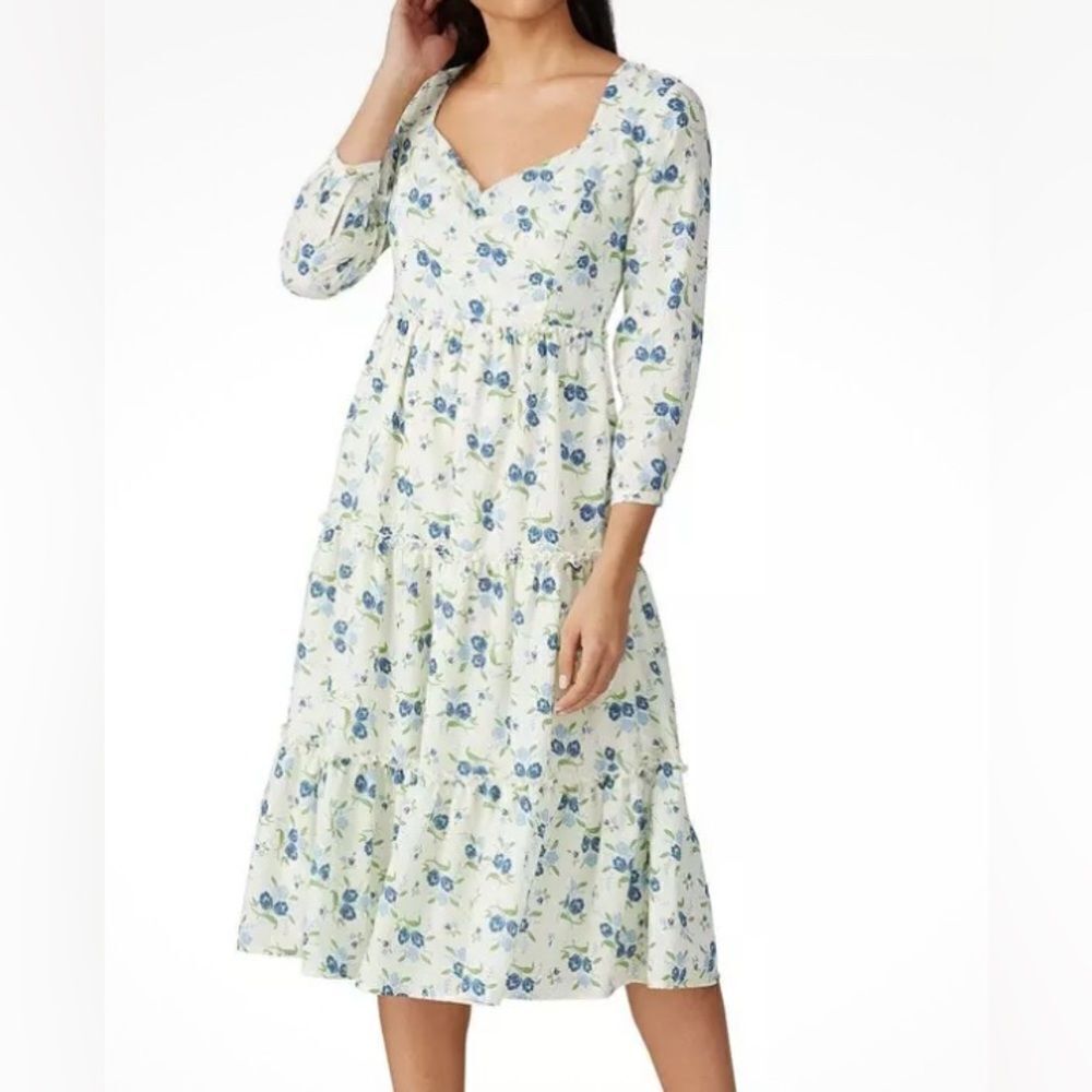 Sweet Baby Jamie Ivory Floral Print Tiered 3/4 Sleeve Midi Dress Size XS NEW